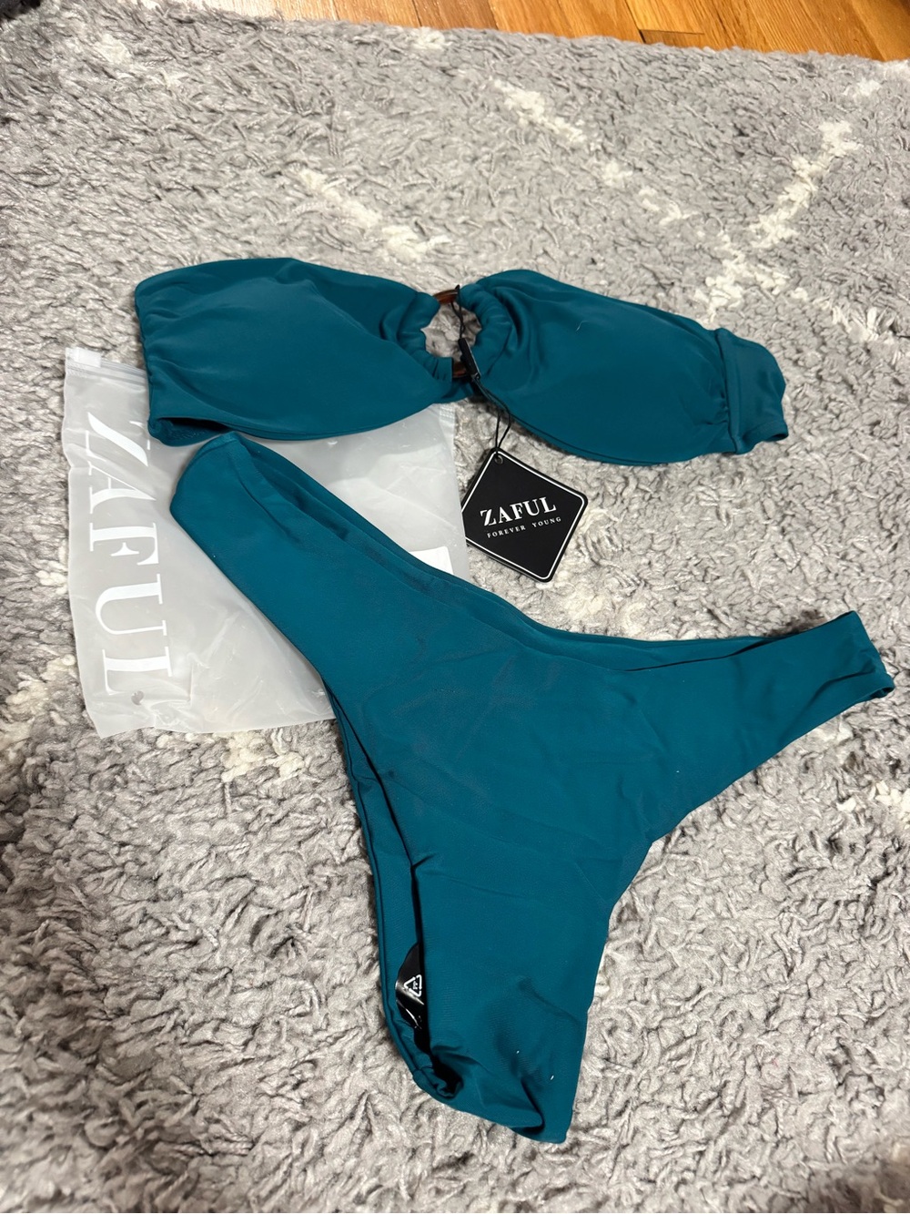 ZAFUL Teal Twist-Ring Bandeau Bikini Set - Teal